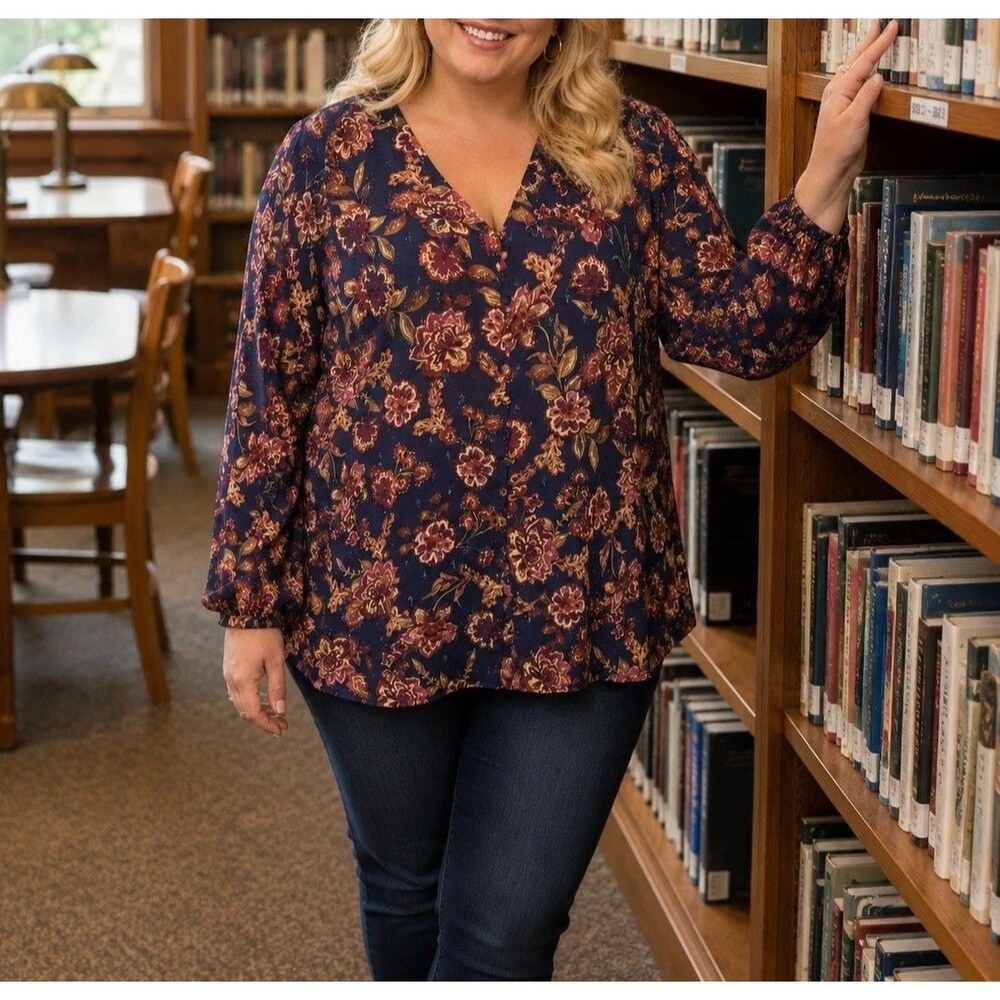 Vince Camuto Women’s Plus Size V Neck Floral Chiffon Blouse Navy Multi Size 3X